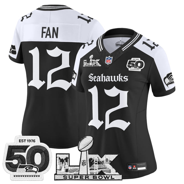 Women's Seattle Seahawks "Super Bowl LX & 50th Patch" Vapor Limited Jersey - Gothic Edition - All Stitched