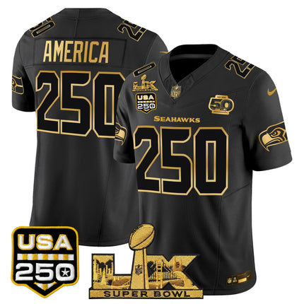 Men's Seattle Seahawks "Super Bowl LX & United States 250th Anniversary Patch" Gold Vapor Limited Jersey - All Stitched