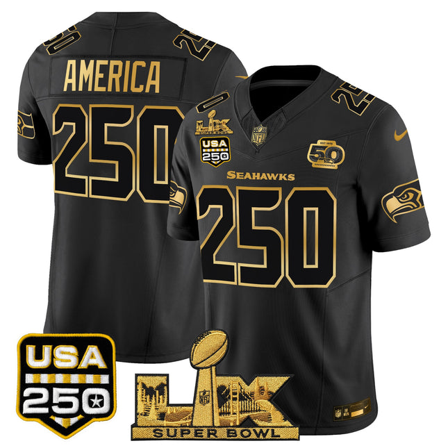 Men's Seattle Seahawks "Super Bowl LX & United States 250th Anniversary Patch" Gold Vapor Limited Jersey - All Stitched