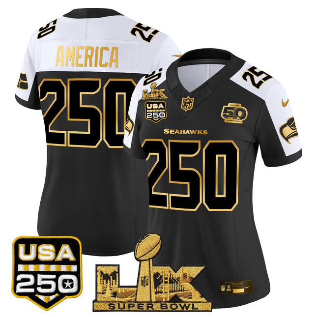 Women's Seattle Seahawks "Super Bowl LX & United States 250th Anniversary Patch" Gold Vapor Limited Jersey - All Stitched