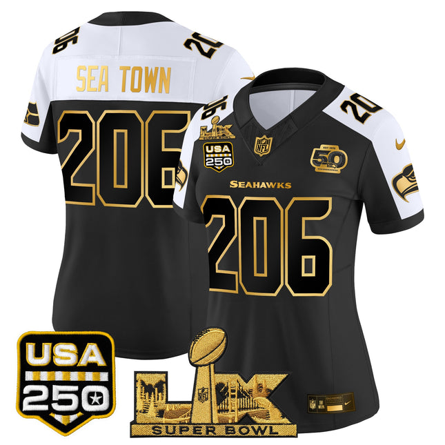 Women's Seattle Seahawks "Super Bowl LX & United States 250th Anniversary Patch" Gold Vapor Limited Jersey - All Stitched