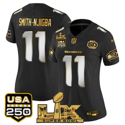 Women's Seattle Seahawks "Super Bowl LX & United States 250th Anniversary Patch" Gold Vapor Limited Jersey - All Stitched