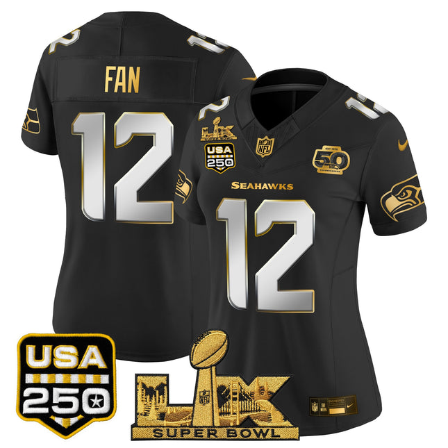 Women's Seattle Seahawks "Super Bowl LX & United States 250th Anniversary Patch" Gold Vapor Limited Jersey - All Stitched
