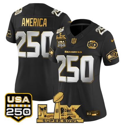 Women's Seattle Seahawks "Super Bowl LX & United States 250th Anniversary Patch" Gold Vapor Limited Jersey - All Stitched