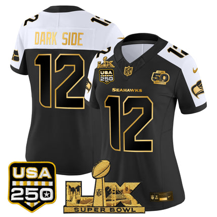 Women's Seattle Seahawks "Super Bowl LX & United States 250th Anniversary Patch" Gold Vapor Limited Jersey - All Stitched