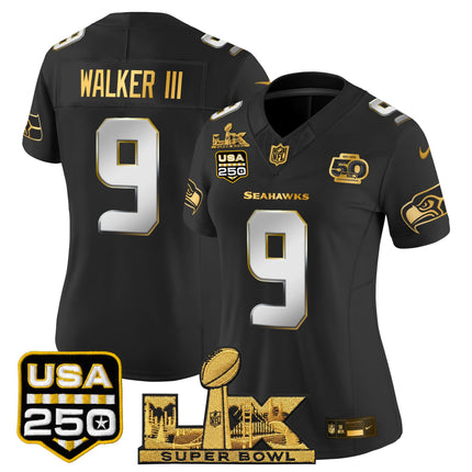 Women's Seattle Seahawks "Super Bowl LX & United States 250th Anniversary Patch" Gold Vapor Limited Jersey - All Stitched