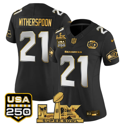 Women's Seattle Seahawks "Super Bowl LX & United States 250th Anniversary Patch" Gold Vapor Limited Jersey - All Stitched