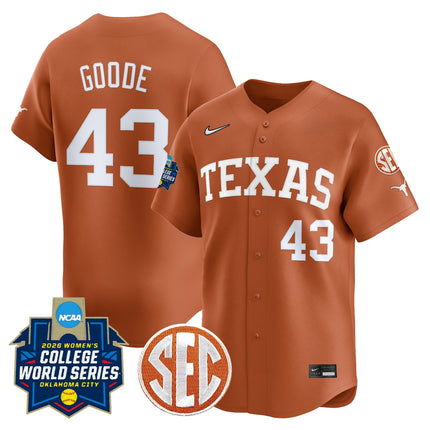 Men's size - Texas Longhorns Softball 2026 World Series (WCWS) Vapor Premier Limited Jersey - All Stitched