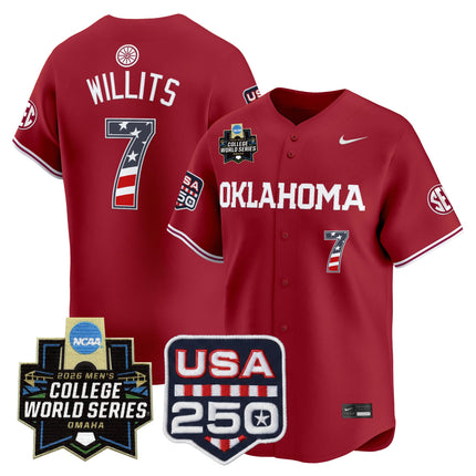 Men's Oklahoma Sooners USA 250 Fourth of July Vapor Premier Limited Jersey - 2026 World Series Patch - All Stitched
