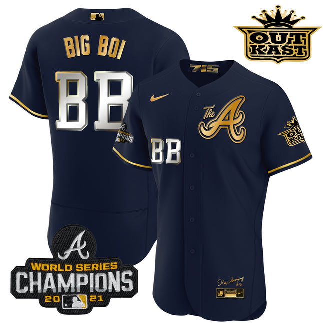 Men's Atlanta Braves Outkast Gold The A Flex Base Jersey  All Stitched