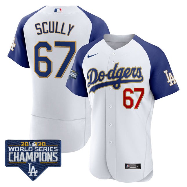 Men's Dodgers World Series Champions Patch Flex Base Gold Trim Jersey - All Stitched
