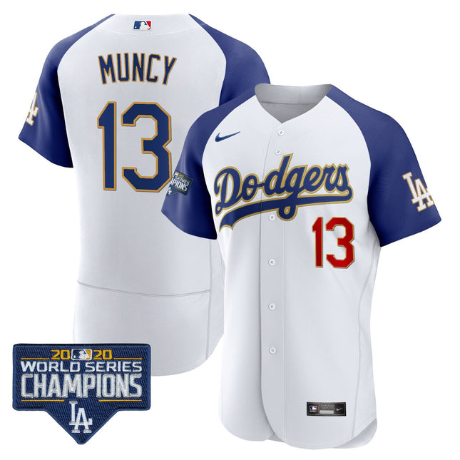 Men's Dodgers World Series Champions Patch Flex Base Gold Trim Jersey - All Stitched