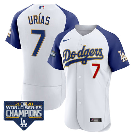 Men's Dodgers World Series Champions Patch Flex Base Gold Trim Jersey - All Stitched