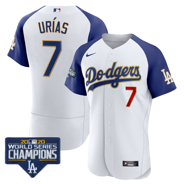 Men's Dodgers World Series Champions Patch Flex Base Gold Trim Jersey - All Stitched