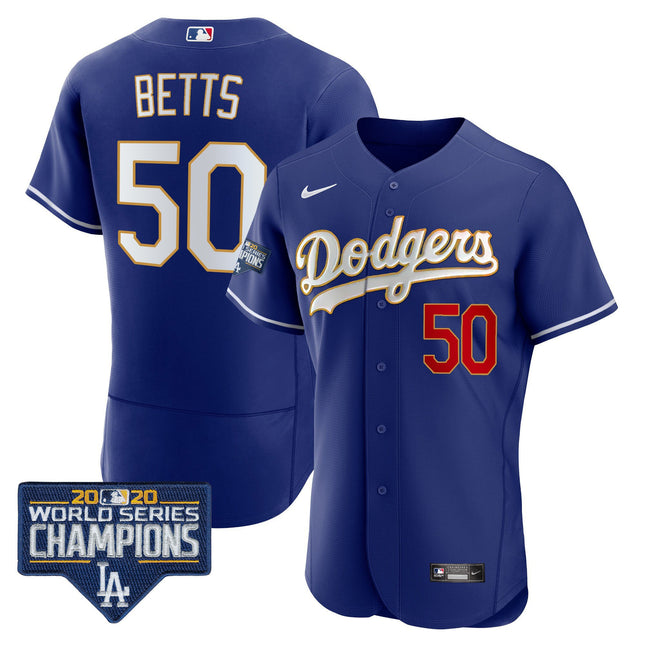 Men's Dodgers World Series Champions Patch Flex Base Gold Trim Jersey - All Stitched
