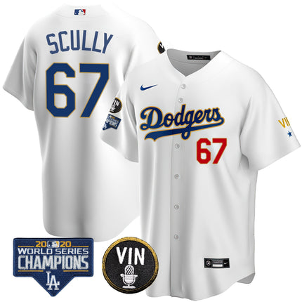 Men's Dodgers World Series & Vin Sculy Patch Gold Jersey - All Stitched