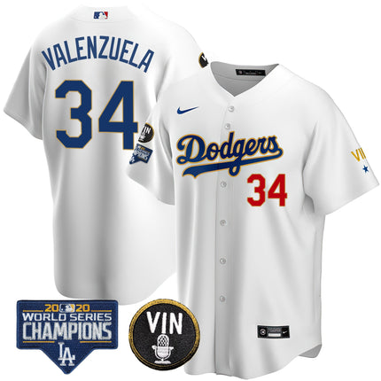 Men's Dodgers World Series & Vin Sculy Patch Gold Jersey - All Stitched