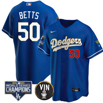 Men's Dodgers World Series & Vin Sculy Patch Gold Jersey - All Stitched