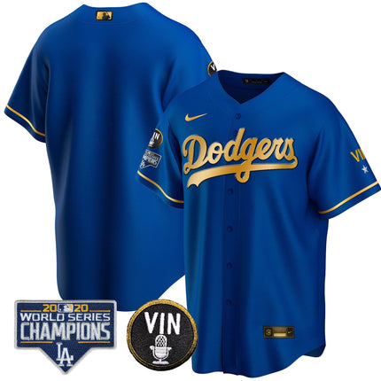 Men's Dodgers World Series & Vin Sculy Patch Gold Jersey - All Stitched