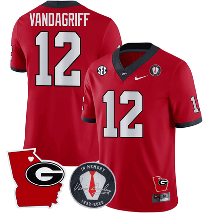 Men's Georgia Bulldogs 2024 Vince Dooley Patch & Georgia State Map Jersey - All Stitched
