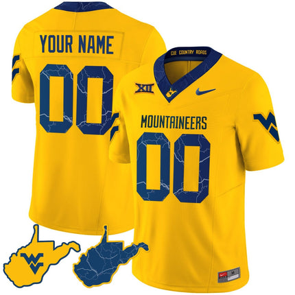 Custom Name/Gender West Virginia Mountaineers 2023 Country Roads Jersey - All Stitched - Gold Sleeves