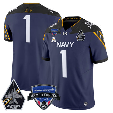 Men's Navy Midshipmen 2025 Armed Forces Bowl Patch Vapor Limited Jersey - All Stitched