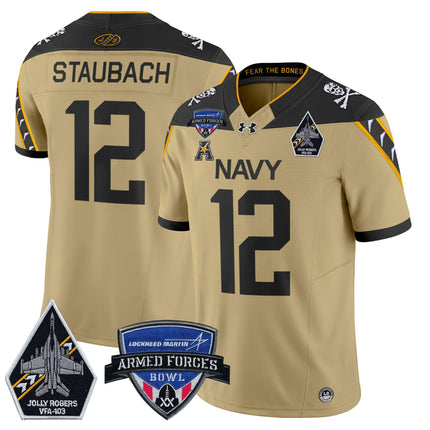 Men's Navy Midshipmen 2025 Armed Forces Bowl Patch Vapor Limited Jersey - All Stitched