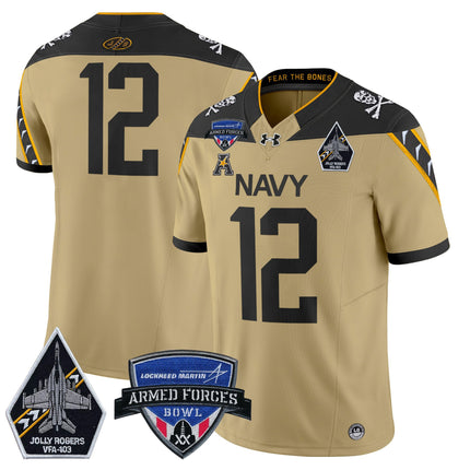 Men's Navy Midshipmen 2025 Armed Forces Bowl Patch Vapor Limited Jersey - All Stitched