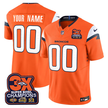 Custom Name/Gender Denver Broncos 3-Time Champions Patch Vapor Limited Jersey - All Stitched