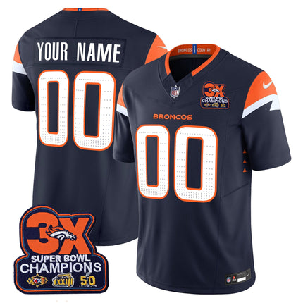 Custom Name/Gender Denver Broncos 3-Time Champions Patch Vapor Limited Jersey - All Stitched