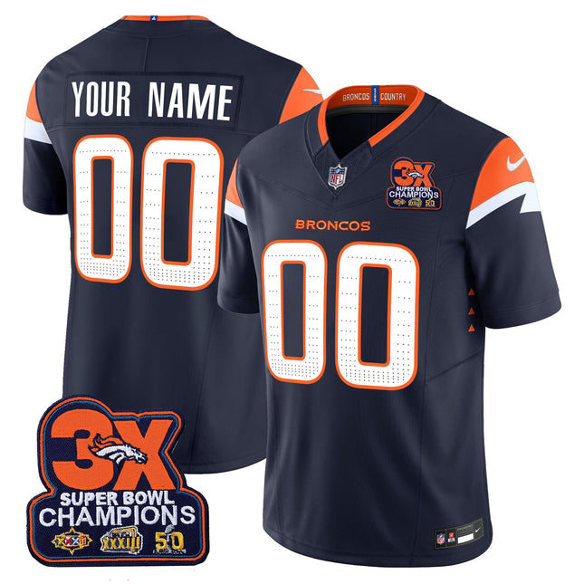 Custom Name/Gender Denver Broncos 3-Time Champions Patch Vapor Limited Jersey - All Stitched