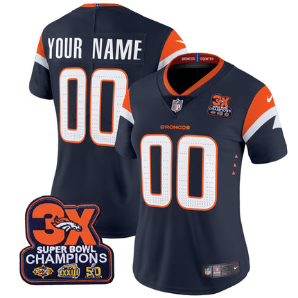 Custom Name/Gender Denver Broncos 3-Time Champions Patch Vapor Limited Jersey - All Stitched