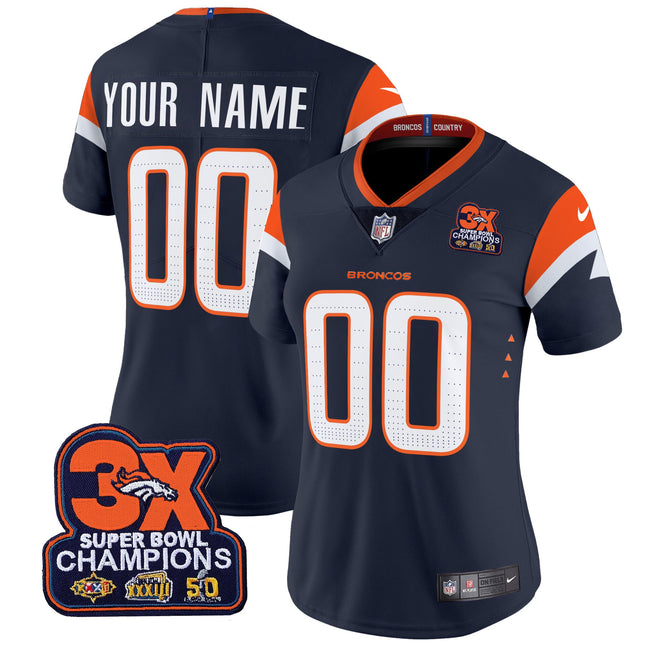 Custom Name/Gender Denver Broncos 3-Time Champions Patch Vapor Limited Jersey - All Stitched