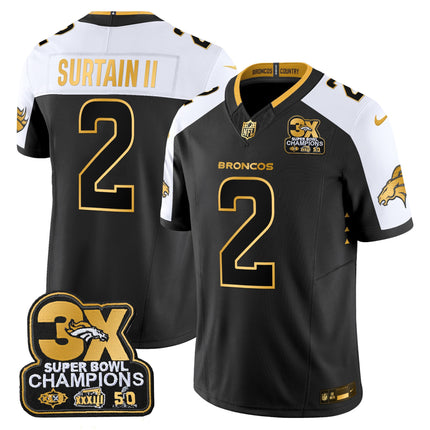 Men's Denver Broncos 3-Time Champions Patch Gold Vapor Limited Jersey - All Stitched