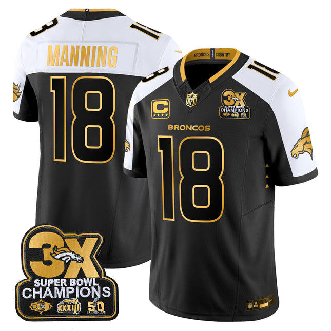 Men's Denver Broncos 3-Time Champions Patch Gold Vapor Limited Jersey - All Stitched