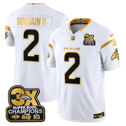 Men's Denver Broncos 3-Time Champions Patch Gold Vapor Limited Jersey - All Stitched