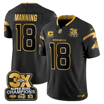 Men's Denver Broncos 3-Time Champions Patch Gold Vapor Limited Jersey - All Stitched