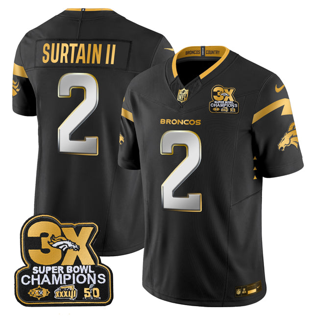 Men's Denver Broncos 3-Time Champions Patch Gold Vapor Limited Jersey - All Stitched