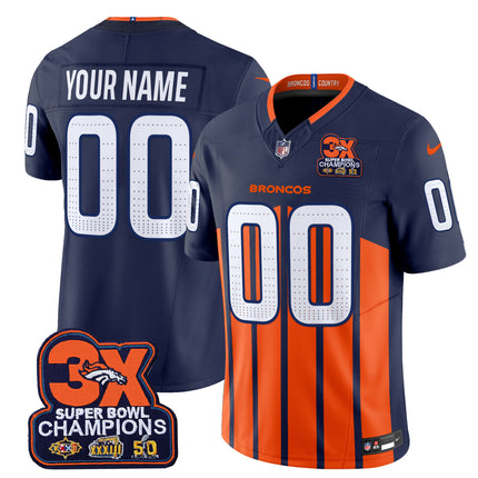 Custom Denver Broncos 3-Time Champions Patch Vapor Limited Jersey V2 - All Stitched