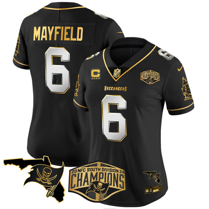 Women's Buccaneers 2024 NFC South Division Champions Patch Gold Vapor Limited Jersey - All Stitched
