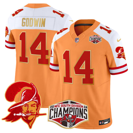 Men's Buccaneers Creamsicle 2024 NFC South Division Champions Patch Gold Trim Vapor Limited Jersey - All Stitched