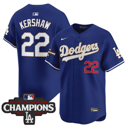 Men's Dodgers 2025 NL West Division Champions Patch Gold Trim Vapor Premier Limited Jersey - All Stitched