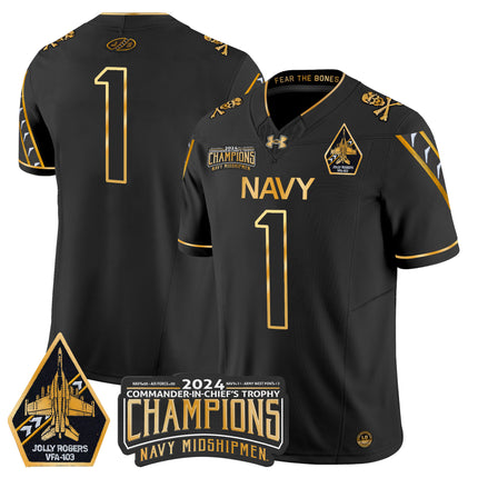 Men's Navy Midshipmen 2024 Commander-In-Chief's Trophy Champions Patch Gold Vapor Limited Jersey - All Stitched