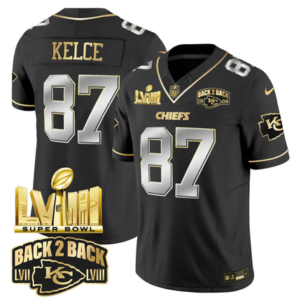 Men's Chiefs Super Bowl LVIII & Back 2 Back Gold Patch Vapor Jersey V2 - All Stitched