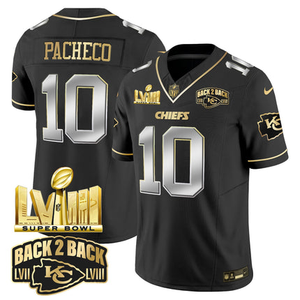 Men's Chiefs Super Bowl LVIII & Back 2 Back Gold Patch Vapor Jersey V2 - All Stitched