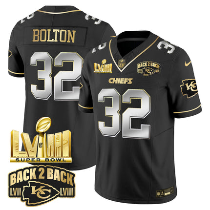 Men's Chiefs Super Bowl LVIII & Back 2 Back Gold Patch Vapor Jersey V2 - All Stitched