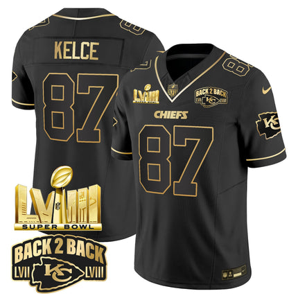 Men's Chiefs Super Bowl LVIII & Back 2 Back Gold Patch Vapor Jersey V2 - All Stitched