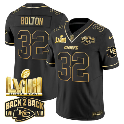 Men's Chiefs Super Bowl LVIII & Back 2 Back Gold Patch Vapor Jersey V2 - All Stitched