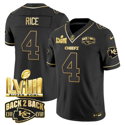 Men's Chiefs Super Bowl LVIII & Back 2 Back Gold Patch Vapor Jersey V2 - All Stitched