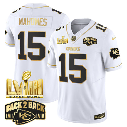 Men's Chiefs Super Bowl LVIII & Back 2 Back Gold Patch Vapor Jersey V2 - All Stitched